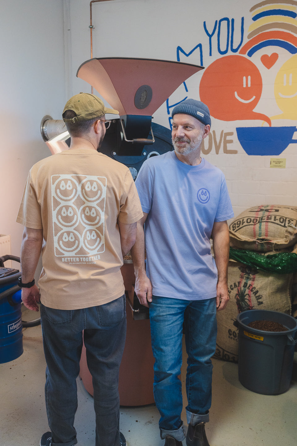 Fairtrade T-shirt Better Together Lavender and Latte Smiley Screen print Playground Coffee Coffee roastery Hamburg St. Pauli 